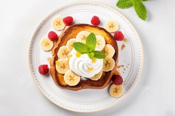 French Toast with bananas , Isolated white background, flat lay 