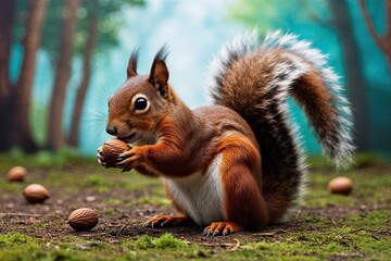 Obraz premium Playful Brown Squirrel Eating Nut in Enchanting Forest Environment