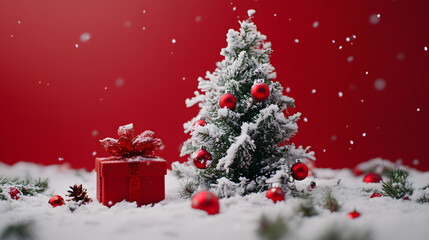 Obraz premium Snow-Covered Christmas Tree with Red Gift Box, Romantic Winter Atmosphere, Festive Decorations on Red Background Wall.