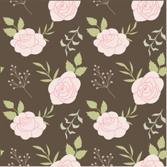 Floral pattern with pink roses and green leaves on brown background.