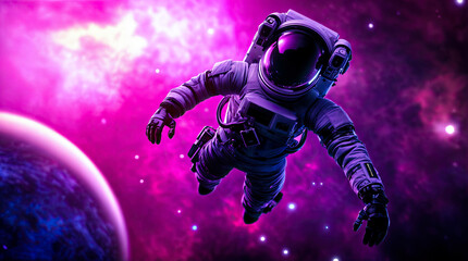Naklejka premium Astronaut Floating in Vibrant Cosmic Space with Purple Nebula and Distant Planet, Surreal Space Theme