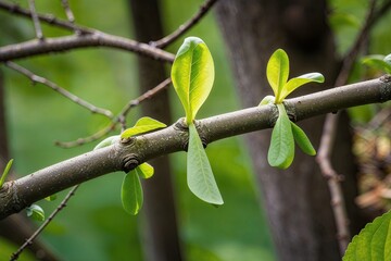 Vibrant New Green Shoots Growing on Tree Branch in Natural Habitat