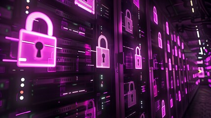 Digital cybersecurity concept with glowing padlock icons floating over a server room filled with rows of LED-lit data racks. web development software engineering cybersecurity	