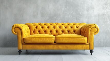 Yellow leather Chesterfield sofa against a grey wall.