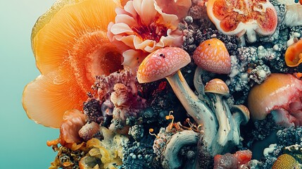 Surreal Colorful Mushroom and Flower Closeup