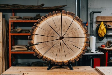 Rustic Jagged Wooden Slice Display on Crafting Table