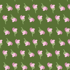 Seamless pattern of pink flowers on olive green background.