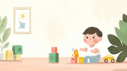 Naklejka premium Toddler boy playing with colorful blocks in a bright room.