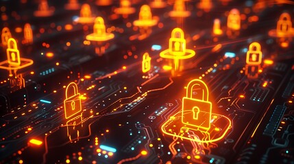 Digital cybersecurity concept with glowing padlock icons floating over a server room filled with rows of LED-lit data racks. web development software engineering cybersecurity	