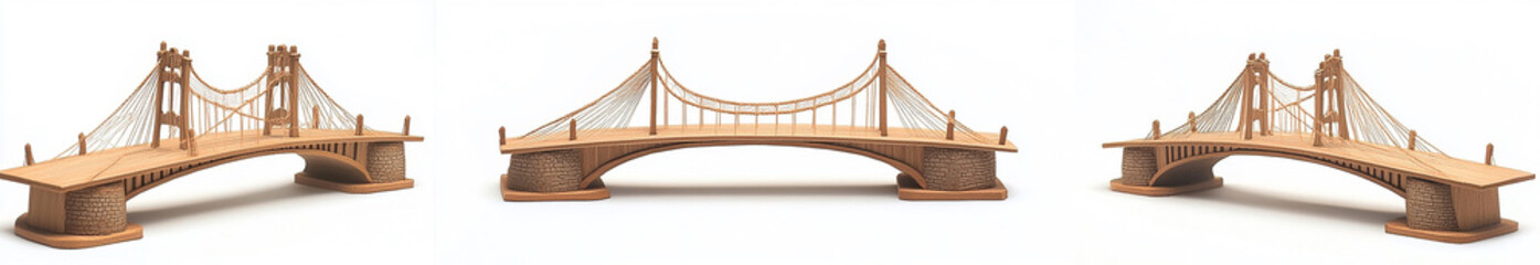 Fototapeta premium Set of wooden bridge models isolated on a white background. Rugged rope and wood bridges, hanging across a river or lake for adventure travel in the wilderness