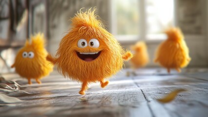 Happy fluffy characters dancing joyfully in a bright room