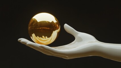Hand holding luminous gold sphere against dark background