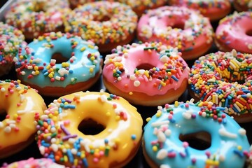 Delicious Picture of Colorful Glazed Doughnuts with Sprinkles and Nuts 