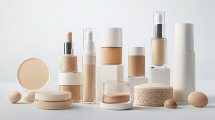 Bottles of makeup foundation and cushion,Collection of skin foundation bottles in different shades and samples on color background,makeup essentials,Cushion Foundation liquid and swatche,copy space.
