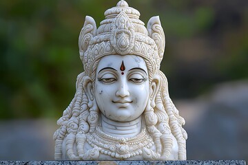 Intricate Marble Bust of Hindu Deity, Peaceful Expression and Ornate Crown.