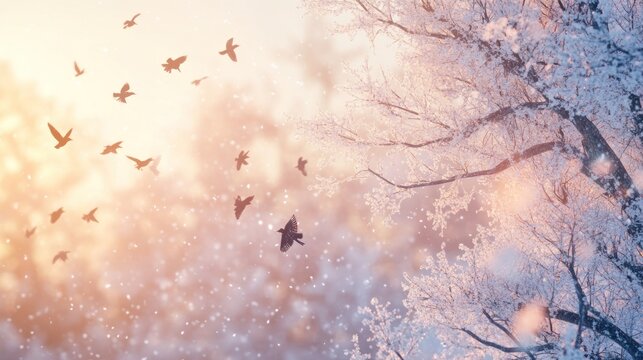Birds flying near a snow-covered tree at sunrise.