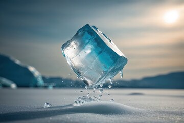Melting Ice Chunk Elegantly Falling in Serene Background Ambiance