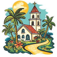 Obraz premium A Tropical Church by a Winding Path, Under a Bright Sun.