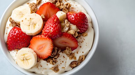 Fototapeta premium A tempting close-up view of a bowl filled with creamy yogurt, adorned with sliced strawberries, bananas, and crunchy granola.