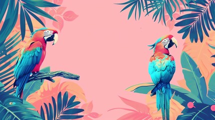 Obraz premium Two parrots on branches with tropical leaves on a pink background.