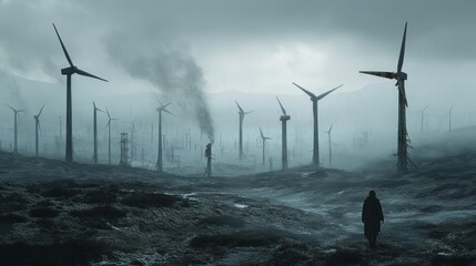 A vast, remote farm of wind turbines, many of them broken or rusting, under a cloudy sky background wallpaper AI generated image