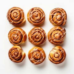 Gooey Cinnamon Rolls , Isolated white background, flat lay (