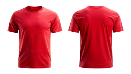 red blank t shirt template from two sides isolated on transparent white background, clipping path