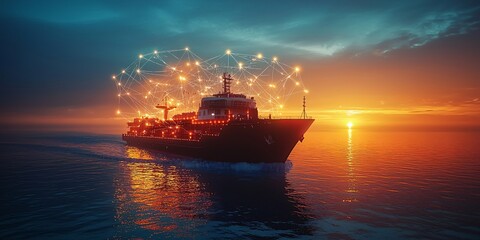 Naklejka premium Connected Cargo Ship at Sunset Global Logistics Maritime Transport