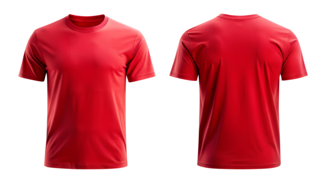 red blank t shirt template from two sides isolated on transparent white background, clipping path