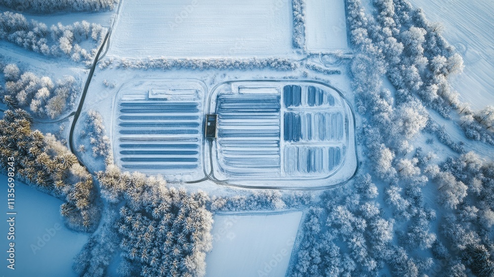 Poster aerial view of snow-covered farm fields, showing distinct rows within a unique layout. ideal for ill
