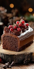Indulge in this rich chocolate cake, beautifully topped with swirls of chocolate icing and vibrant red berries, perfect for celebrations or a cozy dessert experience.