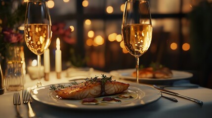 Romantic Dinner for Two with White Wine and Baked Delicacies on Elegant Plates