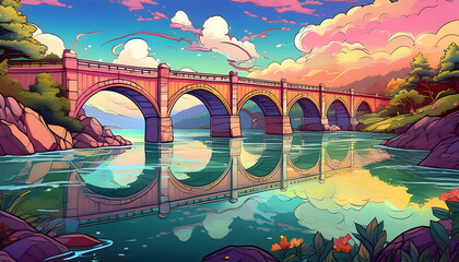 Obraz premium Colorful, The around the world wonders of a double arch bridge