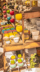 Pot workshop with multiple shaped, sized and colored pots