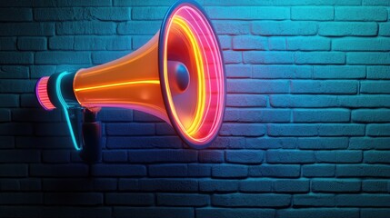 Neon lit megaphone for marketing, SEO, social media, and public relations concept