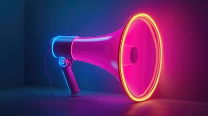 Neon lit megaphone for marketing, SEO, social media, and public relations concept