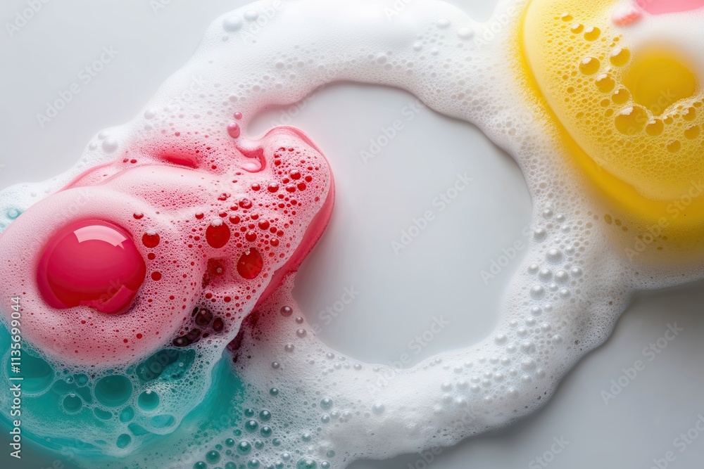 Poster colorful soap bubbles and suds on clean white background with clipping path