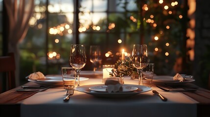 Romantic Dinner Place Setting with Plates, Cutlery, and Soft Lighting