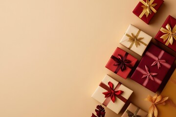 A beautiful display of elegantly wrapped gifts in shades of red and gold, perfect for any celebration or festive occasion, set against a soft beige background.