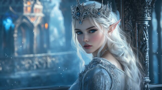 A crowned and ornate white-haired elven queen. He was standing on a balcony overlooking a magical kingdom background wallpaper AI generated image