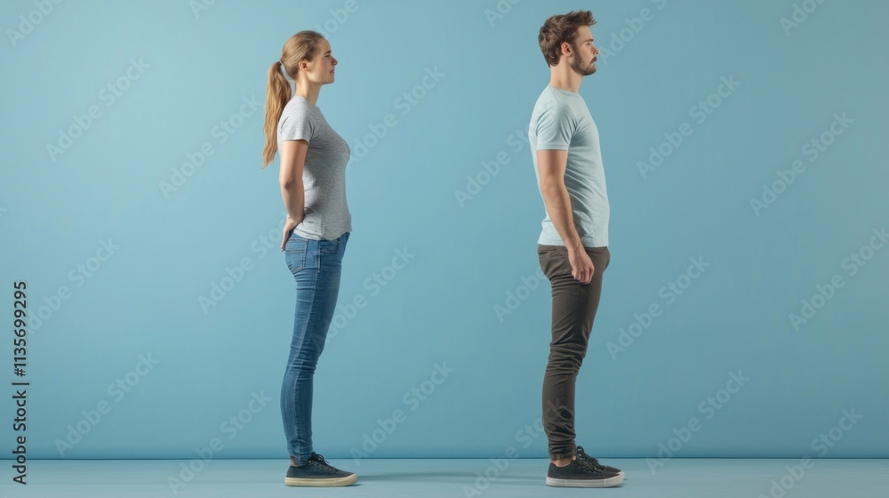 Poster a comparison of improper and proper posture, with one figure slouching and the other standing tall w