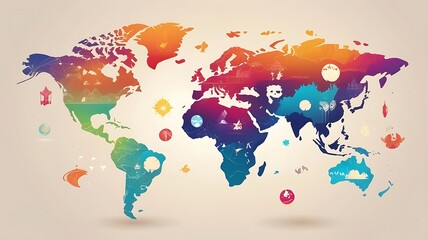 Naklejka premium Colorful World Map Illustrating Global Landmarks and Cultures