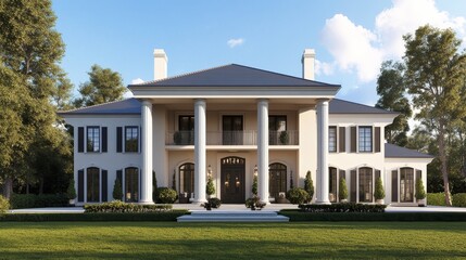 Fototapeta premium A grand, modern mansion with columns and landscaped grounds.