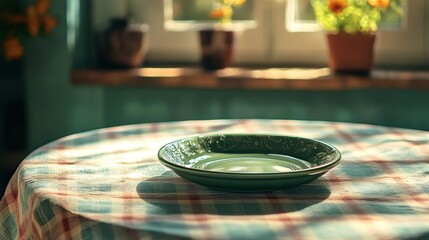 Obraz premium A rustic dining scene featuring a green plate on a vibrant tablecloth, softly lit by sunlight through a window.