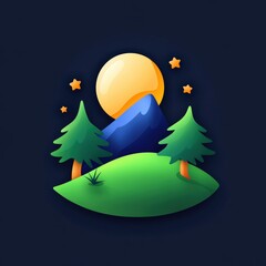 Naklejka premium Breathtaking Mountain Landscape at Night with Lush Green Trees and a Bright Full Moon Illuminating the Tranquil Wilderness Under Starry Skies