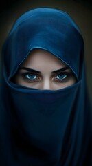 Naklejka premium A woman with striking blue eyes gazes directly at the camera while wearing a traditional veil. The image captures her serene expression, set against a soft, blurred background.