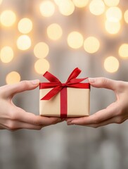 A beautiful gift wrapped in gold with a red ribbon is being exchanged, symbolizing love and togetherness. The background features warm, glowing bokeh lights, enhancing the moment's magic.