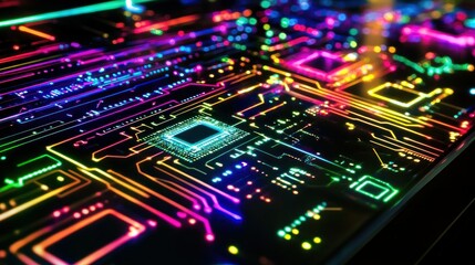 Obraz premium Digital background of rainbow neon circuits glowing microchip patterns and complex data flow wallpaper AI generated image