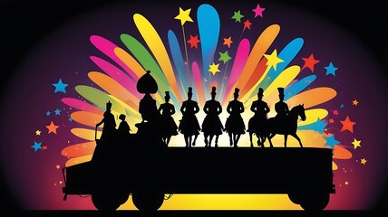 Festive Procession Featuring Silhouetted Figures on a Truck