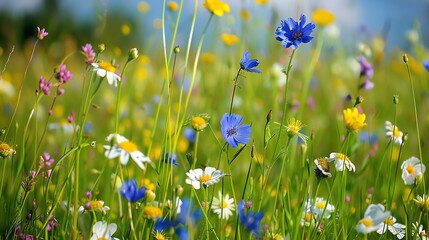 A field of colorful wildflowers, including white daisies and blue cornflowers, in a field of green grass.